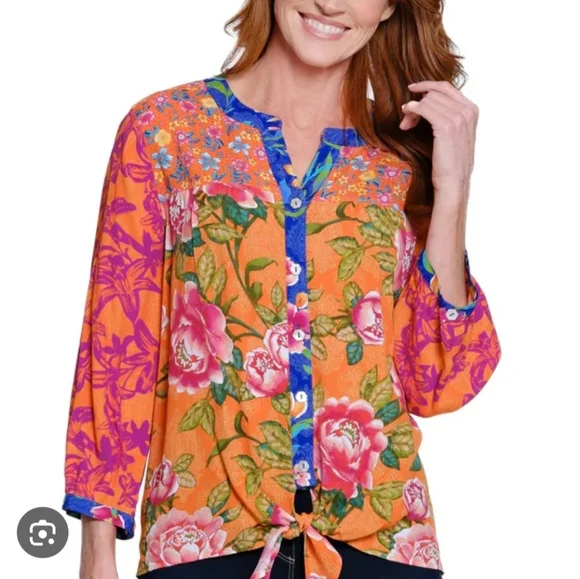 John MarkFloral Button-Down Tie-Front Top - Plus - Orange Print - Picture 1 of 6